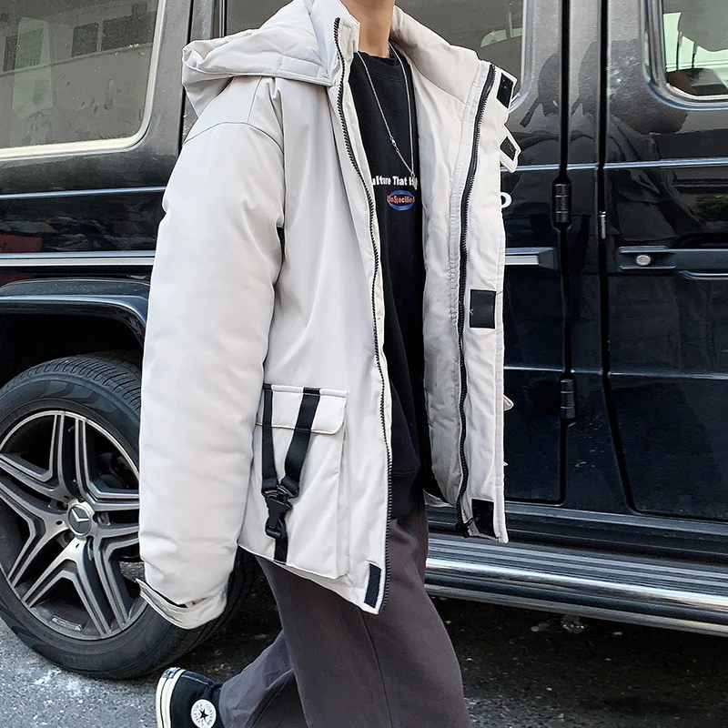 Winter Short Coat Men Warm Thick Parka Men Fashion Reflective Strip Hooded Coat Man Streetwear Loose Tooling Jacket Male Clothes