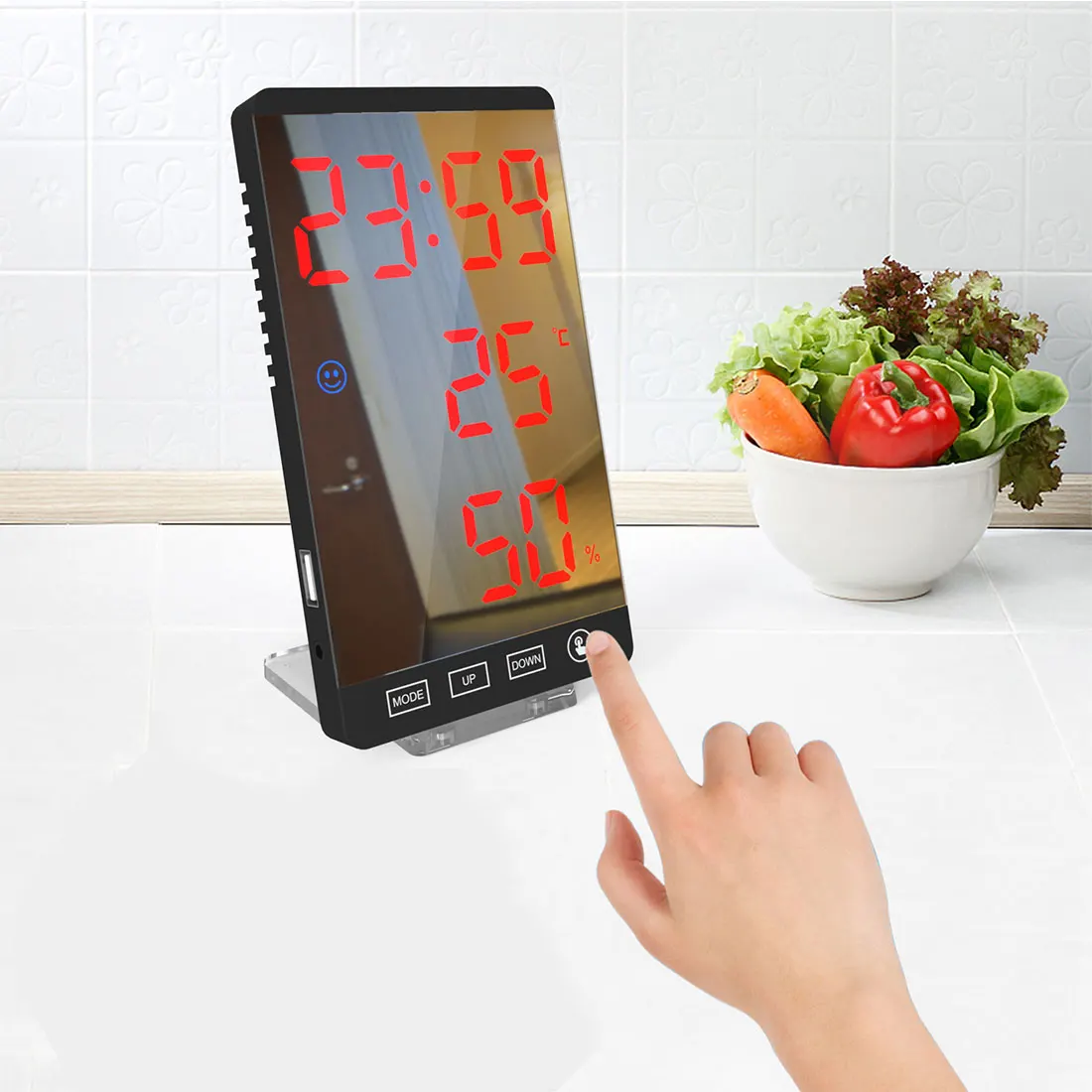 

LED Digital alarm clock weather station with temperature thermometer hygrometer and bedside wake up mirror screen clock