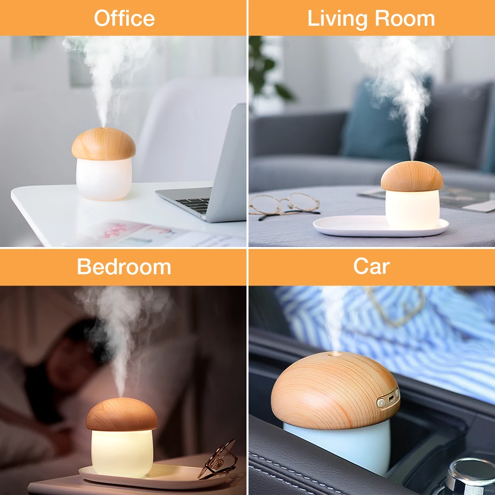 

JISULIFE Mini Humidifier Aroma Diffuser for Home Baby Car Air Humidifier 250ml Cute Mushroom Mist Humidifier with Night Lights