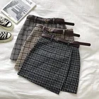 Женская Асимметричная юбка в Корейском стиле, осенняя Милая трапециевидная мини-юбка с высокой талией, винтажная Повседневная Женская клетчатая юбка с поясом