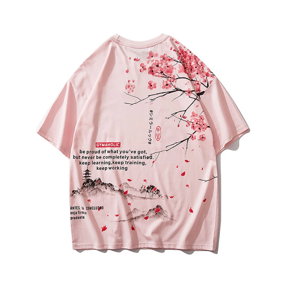 

Men Hip Hop T Shirt Streetwear Japanese Sakura Painting Short Sleeve Cotton Summer Harajuku T-Shirt Japan Style Couple Wear
