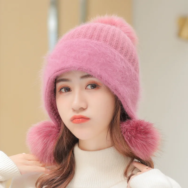 Winter Brand New Women's Hat Rabbit Hair Knitted Cute Hats Three Pompons Caps For Girl Hot Skullies Female Beanie cap 2019 | Аксессуары