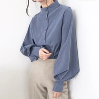 autumn new hong kong style stand collar single breasted temperament lantern sleeve versatile loose casual shirt womens top