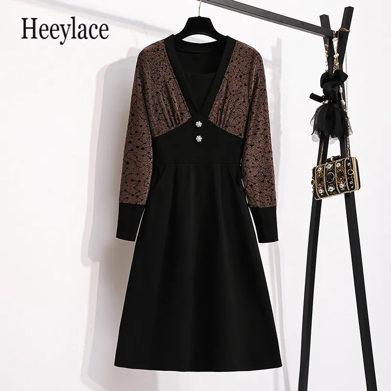 

Размера плюс женские офисные платья весна Длинные рукава v образным вырезом платья трапециевидной формы корейский стиль, лоскутные с перла...