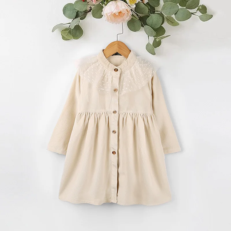 

Kids Girls Beige Lace Dress 2021 New Arrival Cute Shirt Dress Lace Stitching Long Sleeve Dress Princess Winter Dress