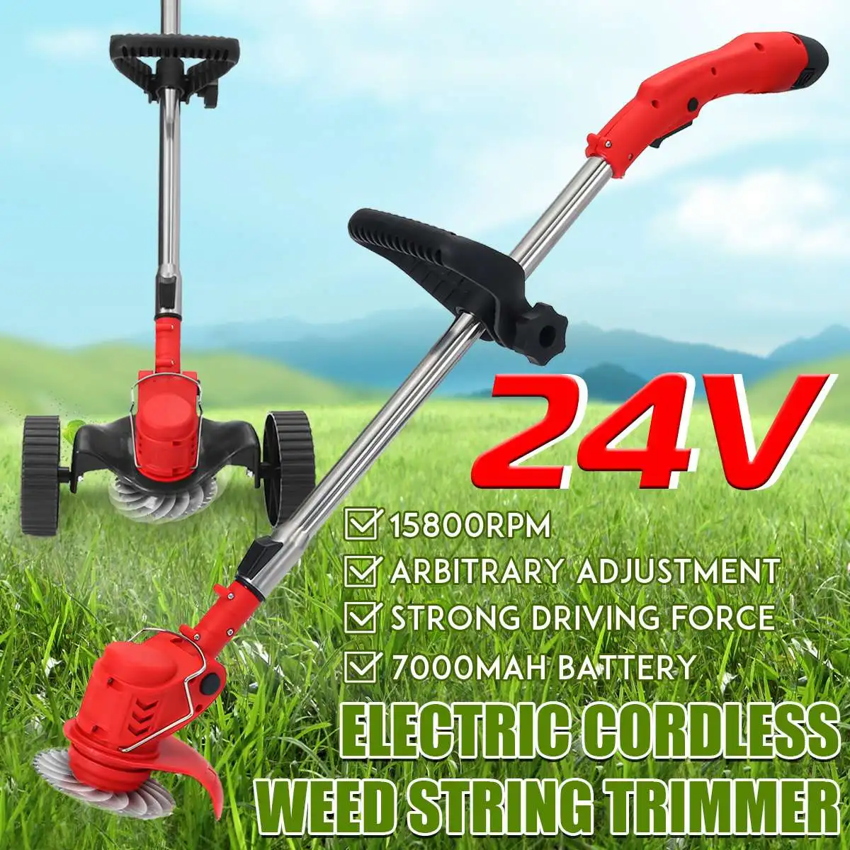 

1300W 24V Cordless Electric Grass Trimmer Lawn Mower Weeds Brush Length Adjustable Cutter Garden Tools With 1/2 7000mAh Battery