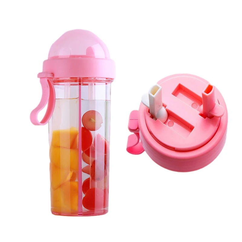

Water Bottles Dual Straw Separate Drink Transparent Plastic Bottle Leak-proof Drinkware Cute Fruit Juice Girl Couples Gift