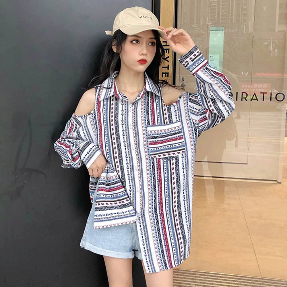 

Japan Style Blouse 2021 Spring Summer Korean Fashion Casual Loose Designer Stripe Printing Strapless Sexy Lapel Long Sleeve