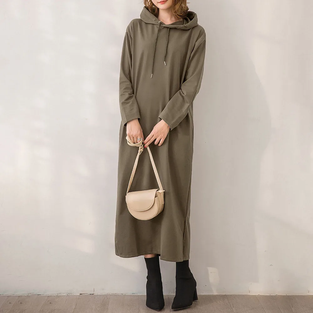 

Pop Dresses For Women Winter Nice Pop Fashion Temperament Loose Dress With Hooded Collar Simple Khaki Pure Color Long Sleeve