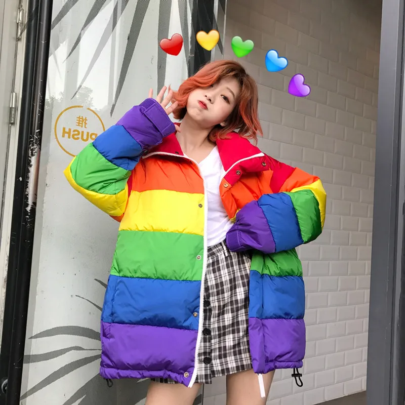 Winter Jacket Women Plus Size Loose Rainbow Striped Harajuku Wadded Parka Coat Femme Chaqueta Mujer Outwear Women Puffer Jacket u swear harajuku winter casual jacket women rainbow wadded parka plus size loose striped coat femme chaqueta mujer