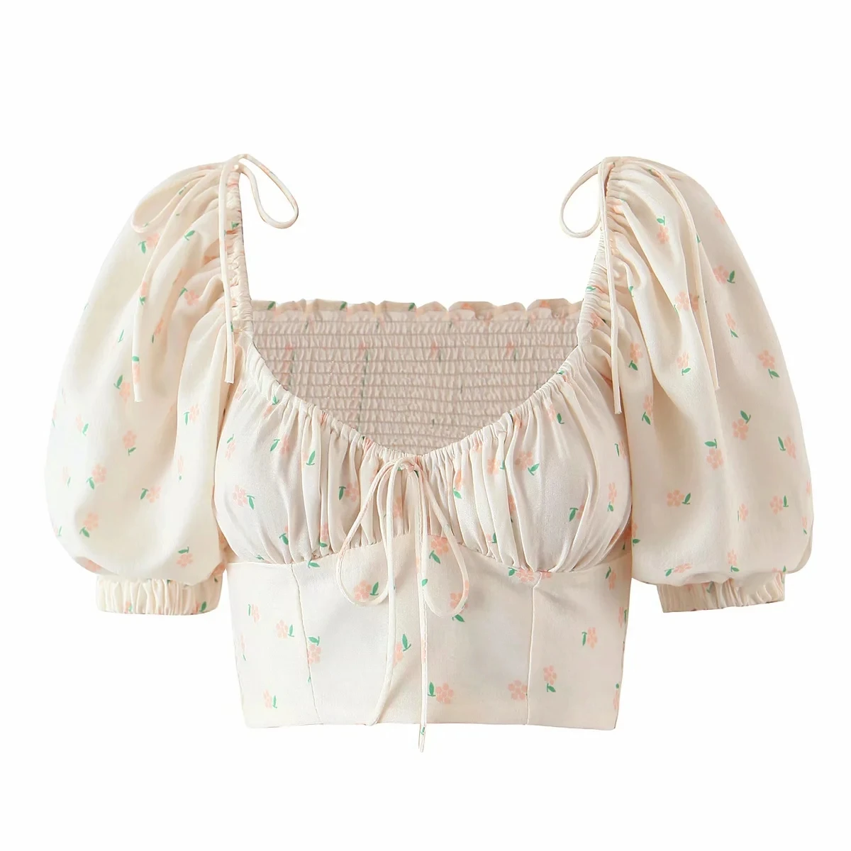 

Women Summer Lantern Sleeve Shirt Women Casual Holiday Chest Strap Elastic Printed Square Collar Exposed Navel Crop Top
