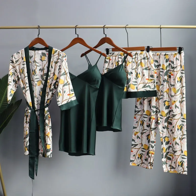 

Satin Women 5PCS Pajamas Set Sleepwear Print Kimono Bathrobe Gown Faux Silk Nightwear Sexy Lingerie Lounge Wear PJS Suit