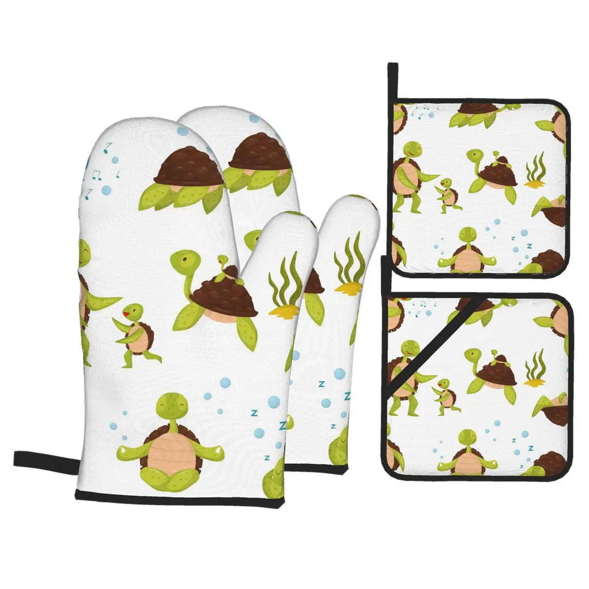 

4 Pieces Oven Gloves Mitts Cute Turtles In Different Actions Kitchen Gloves Tray Dish Bowl Holder Baking Insulation Hand Clip