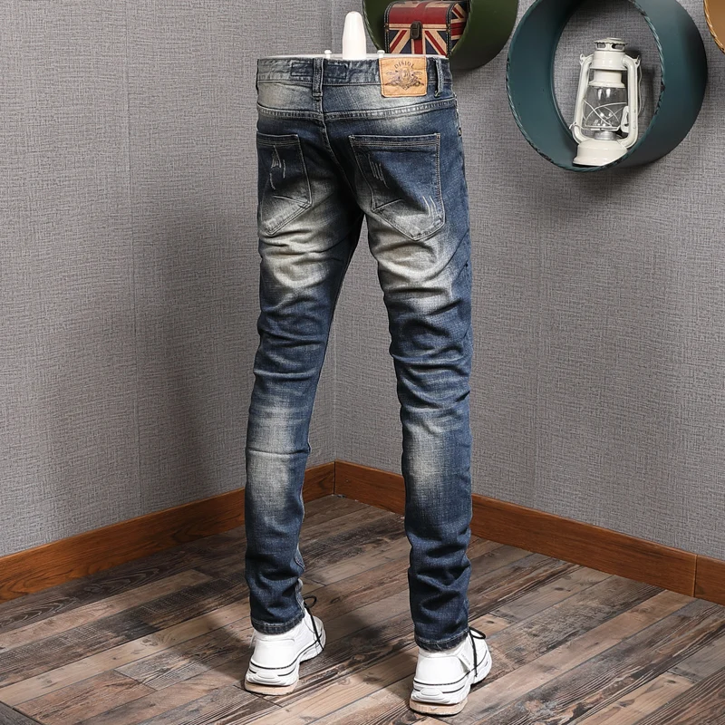 European American Street Fashion Men Jeans Retro Dark Blue Embroidery Designer Ripped Jeans Men Patches Hip Hop Denim Punk Pants