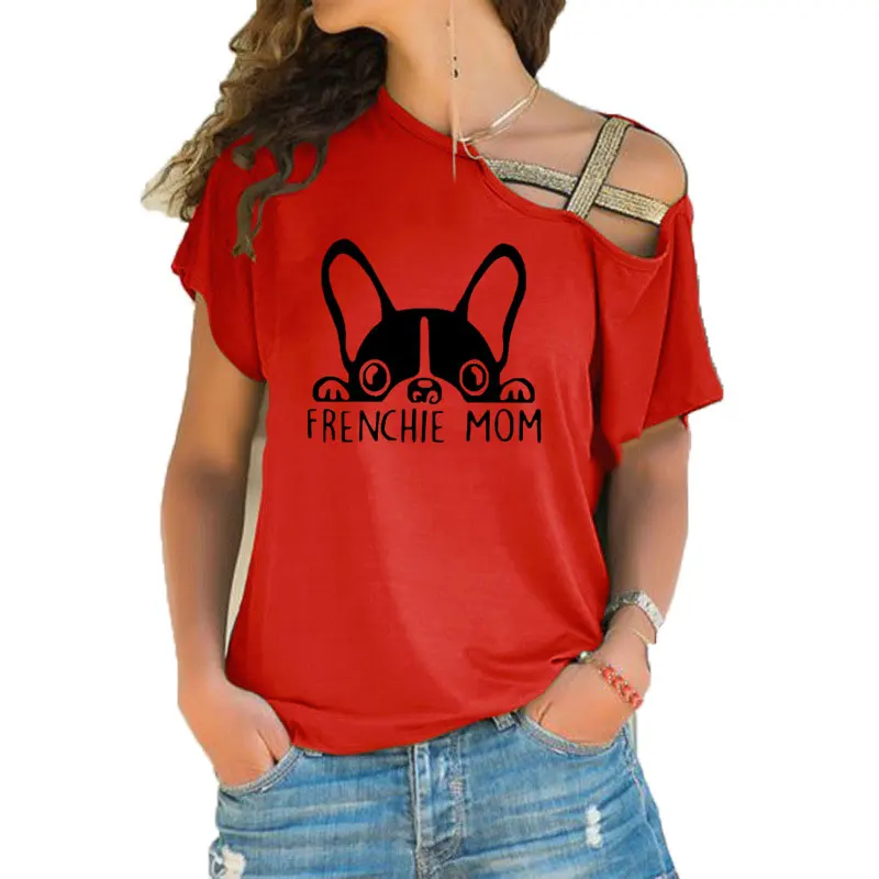 Summer Frenchie Mom Fashion French Bulldog Print T Shirt Women Short Sleeve T-shirt Irregular Skew Cross Bandage Tee Tops | Женская
