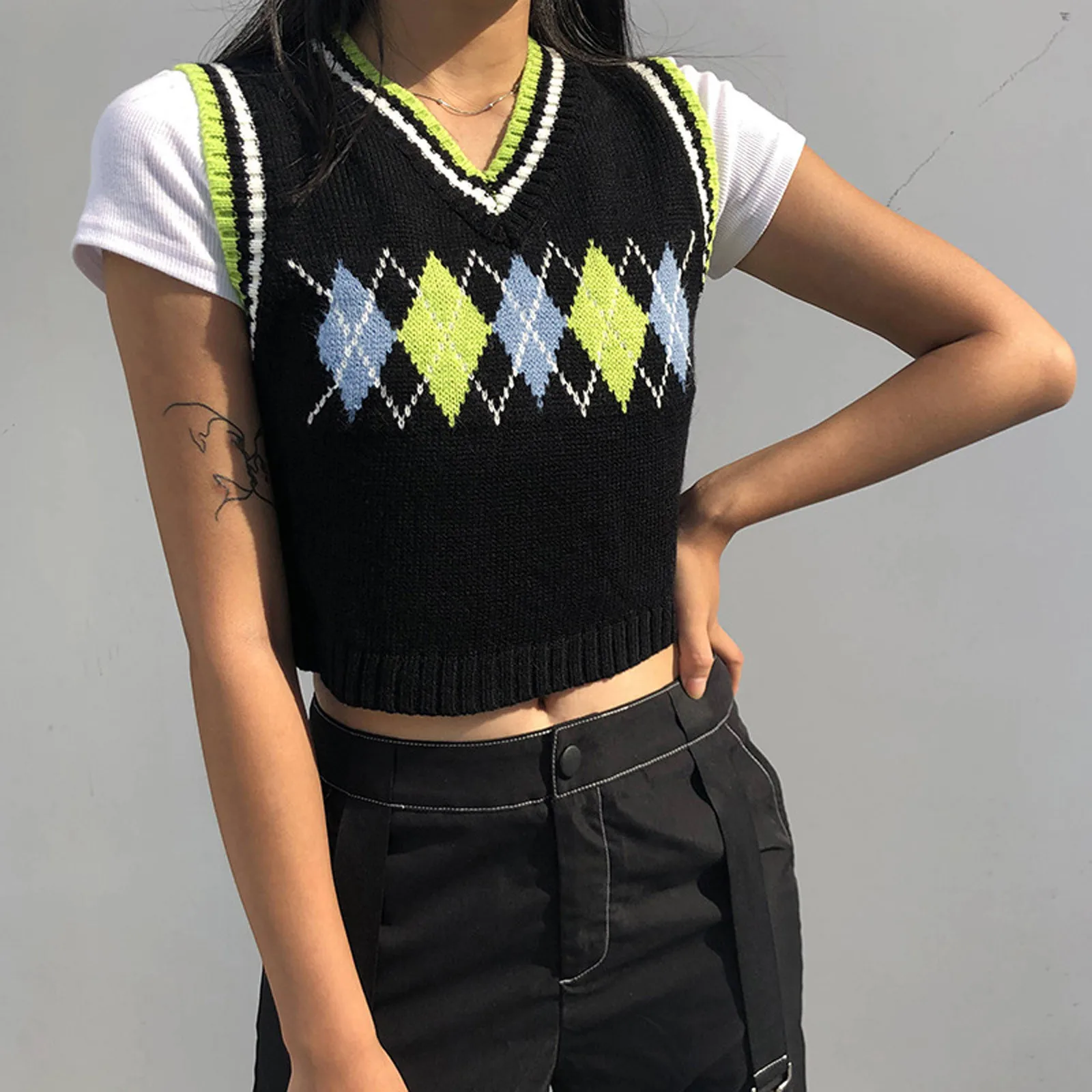 

Women Casual Plaid Knitted Crop Tank Top Knitwear Preppy Style V-neck Sweater Vest 90s Vintage Winter Pullovers Tops Жилет