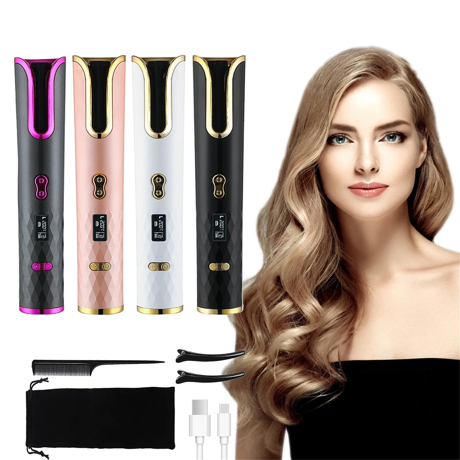 Automatic Hair Curler USB Rechargeable Curling Iron Curl Waves LCD Display Ceramic Curly Rotating Wave Styer |