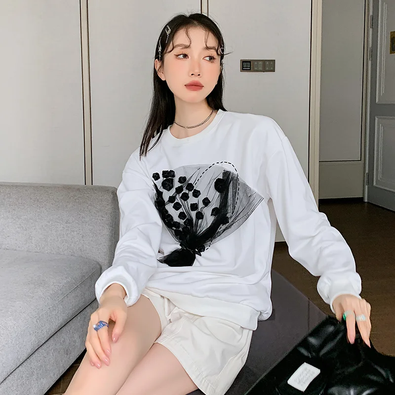 

Three Dimensional Bouquet Design Loose Long Sleeve O-neck White Pullover Hoodie Spring Autumn Women Streetwear Sweatshirt 1875