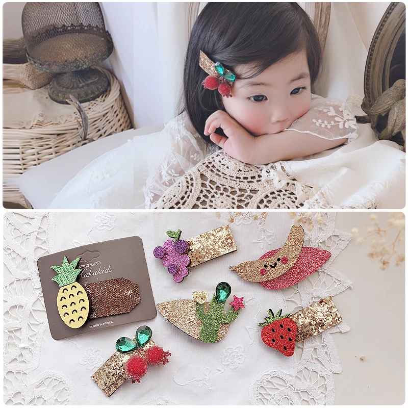 

2020 kakakids new girls hair children's hair accessories shiny gold pink cloth fruit children's hair clip headgear