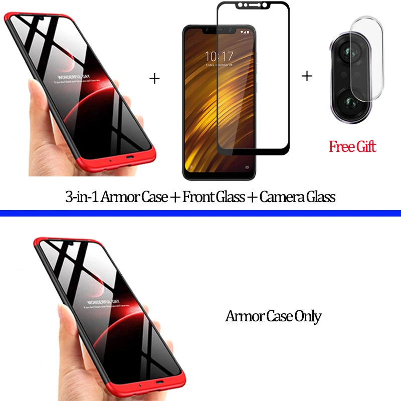 3-в-1 Стекло+ бронированный чехол для телефона xiaomi pocophone F1 case 360 Жесткий ПК анти-противоударный бампер чехол pocofone f1 оригинальным стеклянным корпусом xiaomi pocophone f1 чехол на Покофон Ф1 чехол