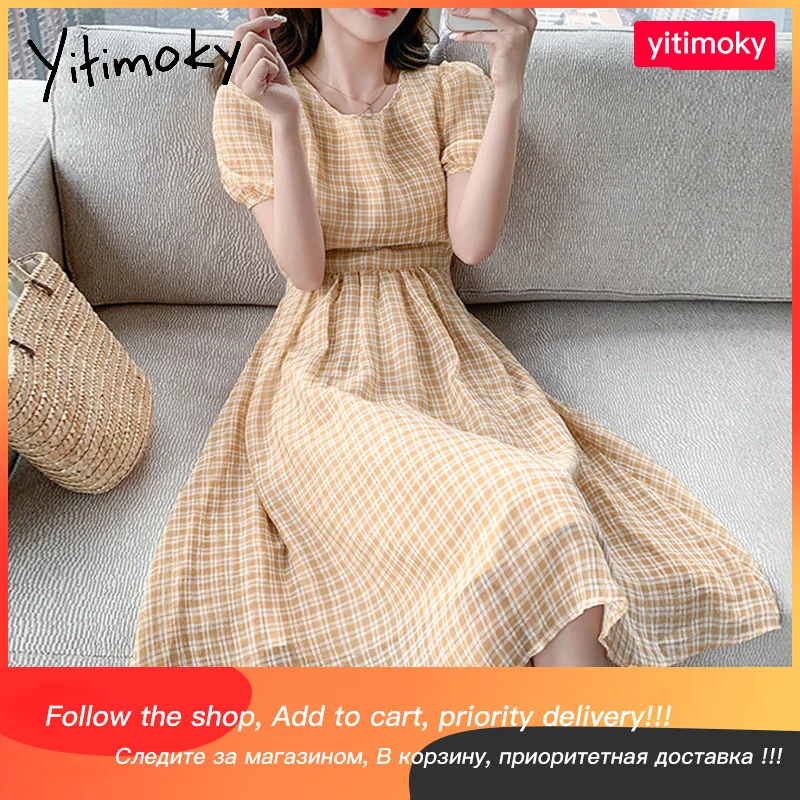 Платье Yitimoky женское в клетку шифоновое модное повседневное короткое желтое