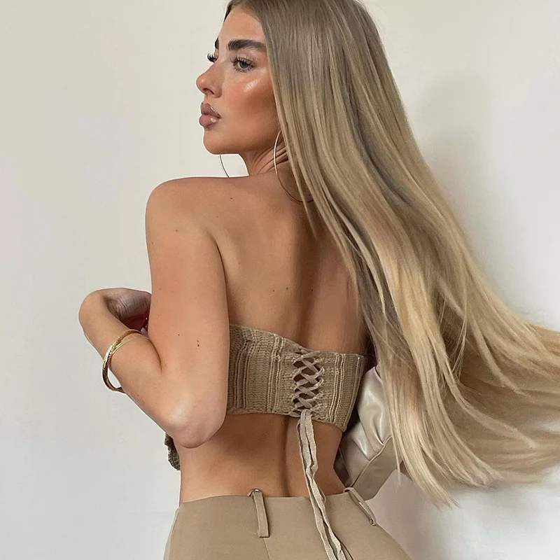 

Solid Sexy Y2K Cropped Knit Tube Tops Clubwear Backless Lace-up Cute 90s Camisole Harajuku Chic Knitwear Fashion Cuteandpsycho