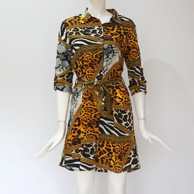 

ZOGAA New Spring Summer Leopard Chain Print Women Dress Long Sleeve Turn-down Collar Shirt Dress with Belt Casual Female Vestido