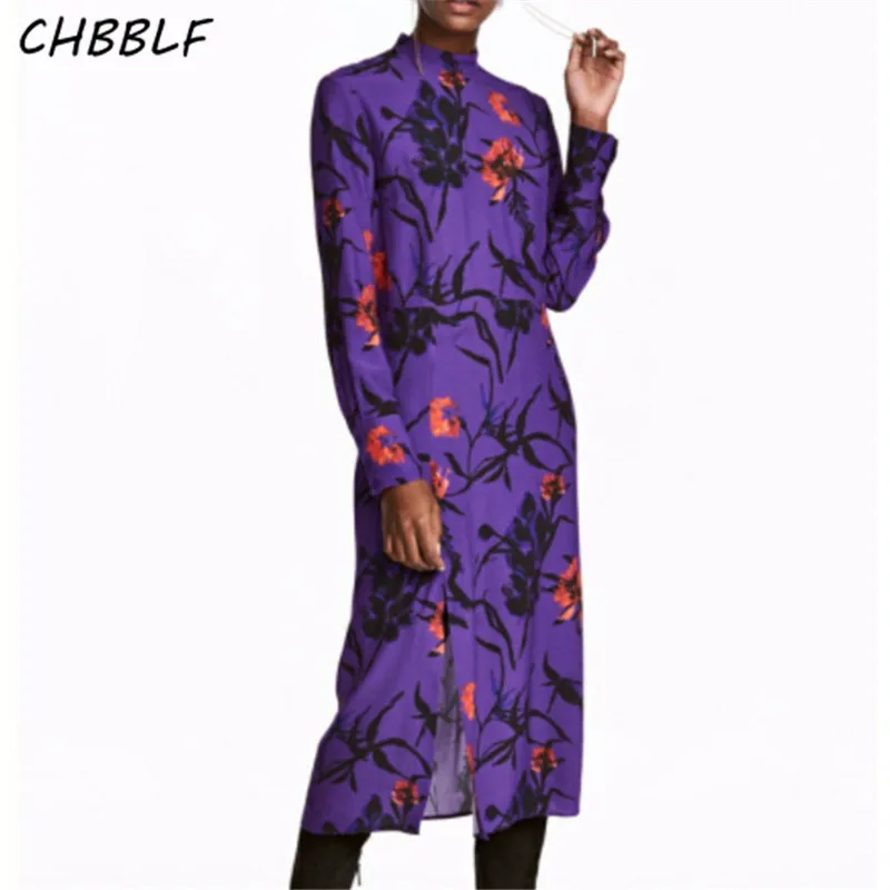 CHBBLF женское фиолетовое платье миди с цветочным принтом и длинными рукавами на