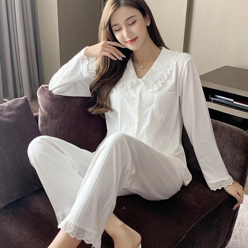 

Pajamas Women Paragraphs Thin Cotton Long Sleeve Ms. Qiu Dong Princess Wind Fashion Leisure Pure Color Sweet Household To Take
