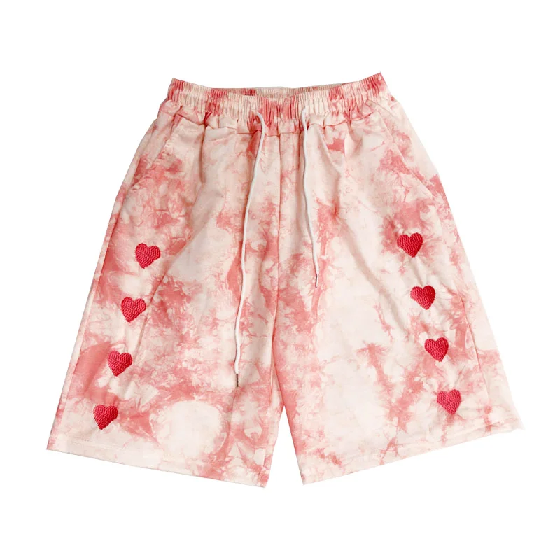 

Summer Shorts Women Knee Pants College Style Cartoon Love Embroidery Loose High Waist Five Point Pants Vintage Tie Dye Straight