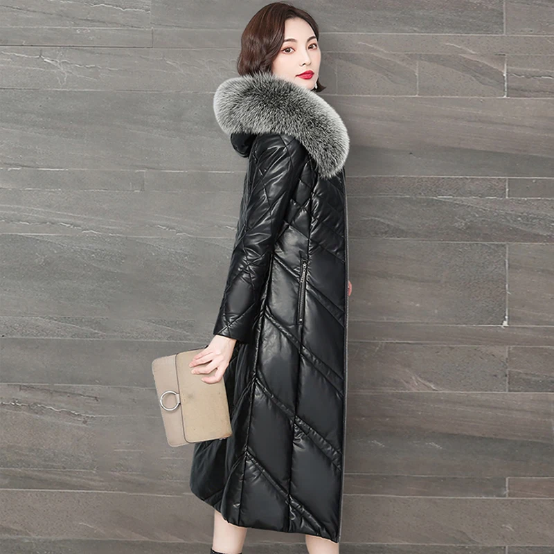 New Women Leather Down Jacket Autumn Winter 2022 Fashion Warm Hooded Real Fox Fur Collar Slim Long Sheepskin Down Coat  Female