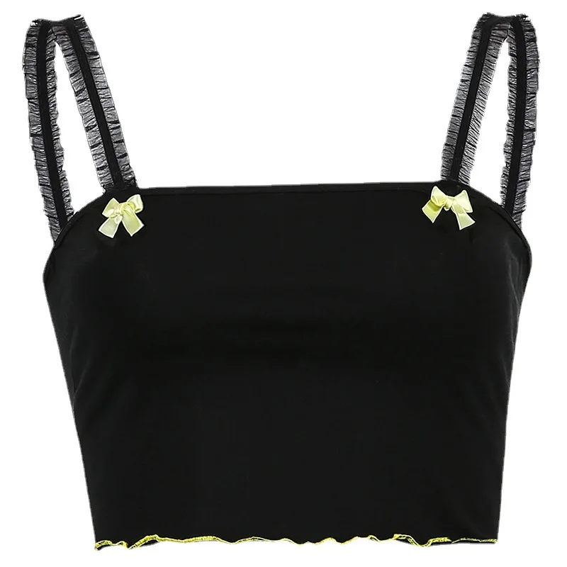 

Bowknot stitching contrast lace sling 2021 summer European and American new women's wavy side sexy slim vest