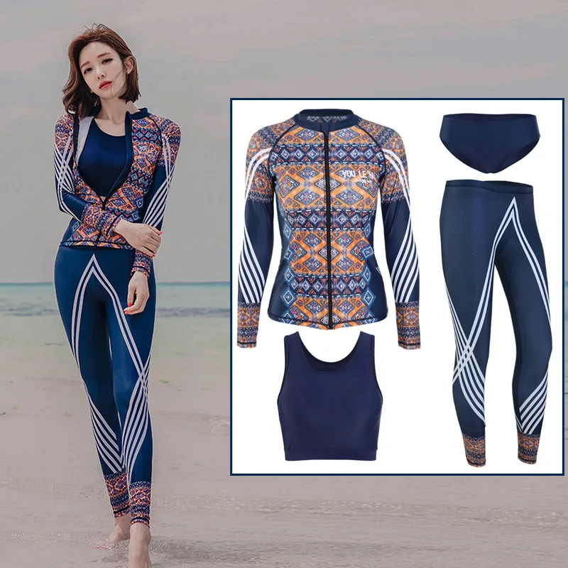 

Women's 4pcs set Long Sleeve Zip-up Rashguards Swim Surf Dive Shirt+Leggings Bikini Full Sun Suit Run Jogging Yoga Tracksuit