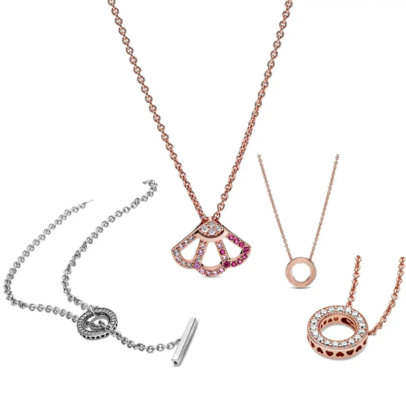 

Pre-Autumn 2020 New 925 Sterling Silver Pink Fan Collier Necklace Pave Circles Heart Necklace Women Pendant Necklace Jewelry gif