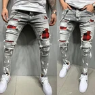 Мужские Узкие рваные джинсы, клетчатые джинсовые брюки в стиле пэчворк, брюки-карандаш для бега в стиле хип-хоп, высококачественные джинсовые мужские брюки