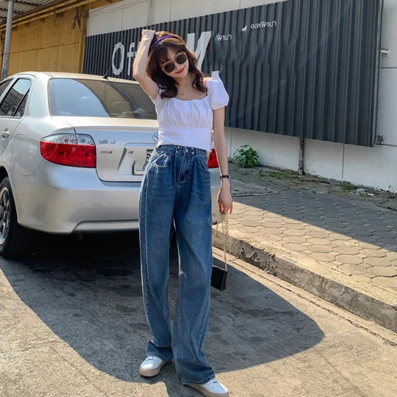 

LANMREM High Waist All Match Long Denim Pockets Trousers New Loose Fit Pants Women Fashion Tide Spring Autumn 2021 2F0257