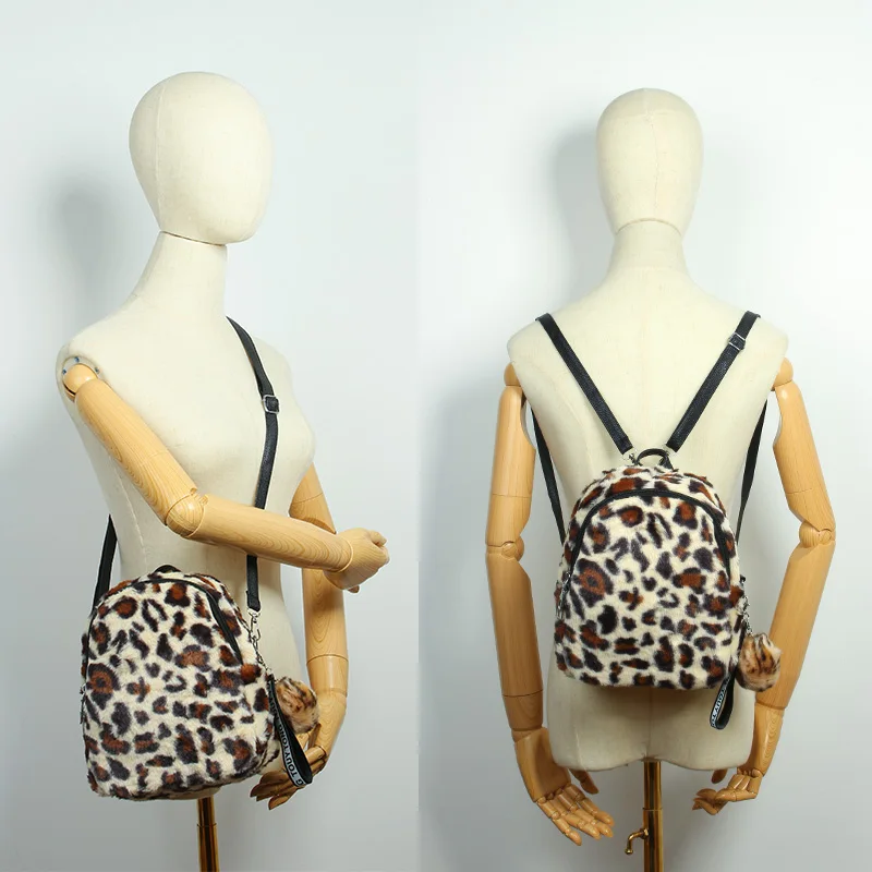 

Winter New Fashion wild Personality Backpack Leopard Bag Cute Mini Plush Shoulder Messenger Bag Soft Warm Fur bag for Women