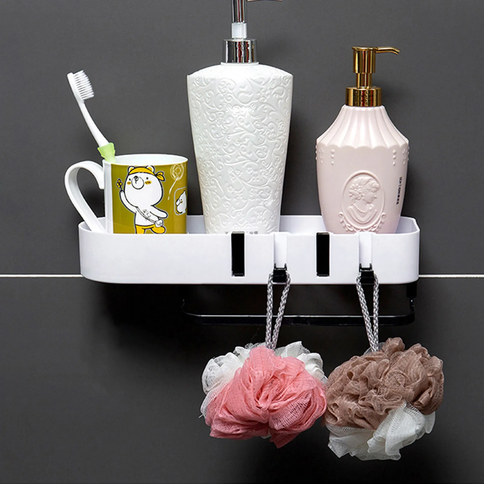 

Bathroom Storage Rack Hollow-carved Wall Hanging Shelf With Hooks Punch-free Kitchen Organizer Shelves