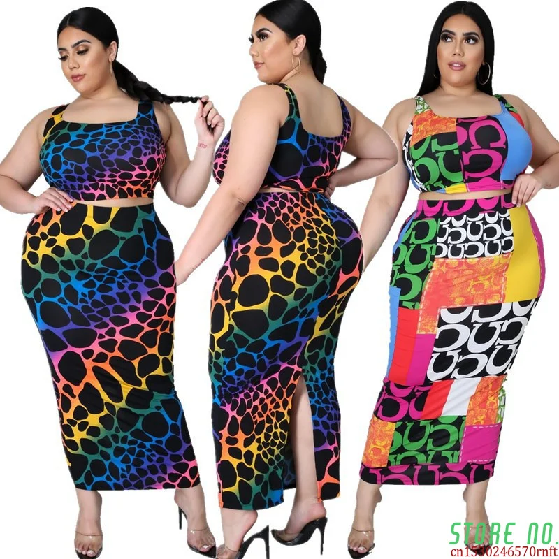 

Plus Size Women Clothing 2 Piece Set 5xl Skirts Sets Wholesale Bodycon Vest Maxi Skirt Leopard Print Summer Suits Dropshipping