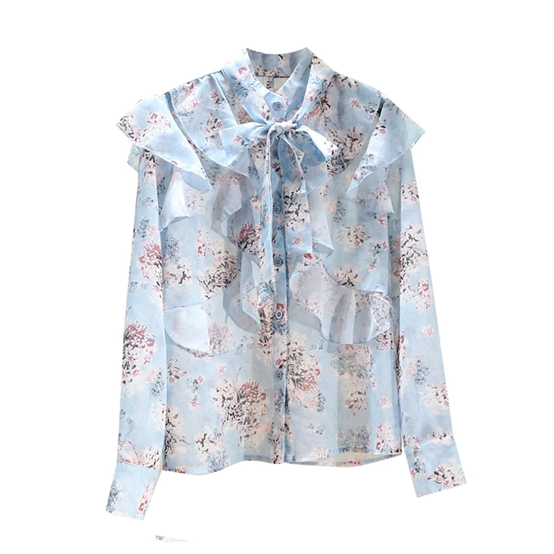 

Blue Flower Chiffon Blouse 2021 Spring New Women's Ruffled Bow Floral Shirt Female Ladies All-Match Tops Blusas