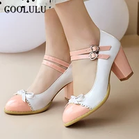coolulu women shoes patent leather high heels bow chunky heel pumps buckle strap dress footwear female spring pink plus size 48