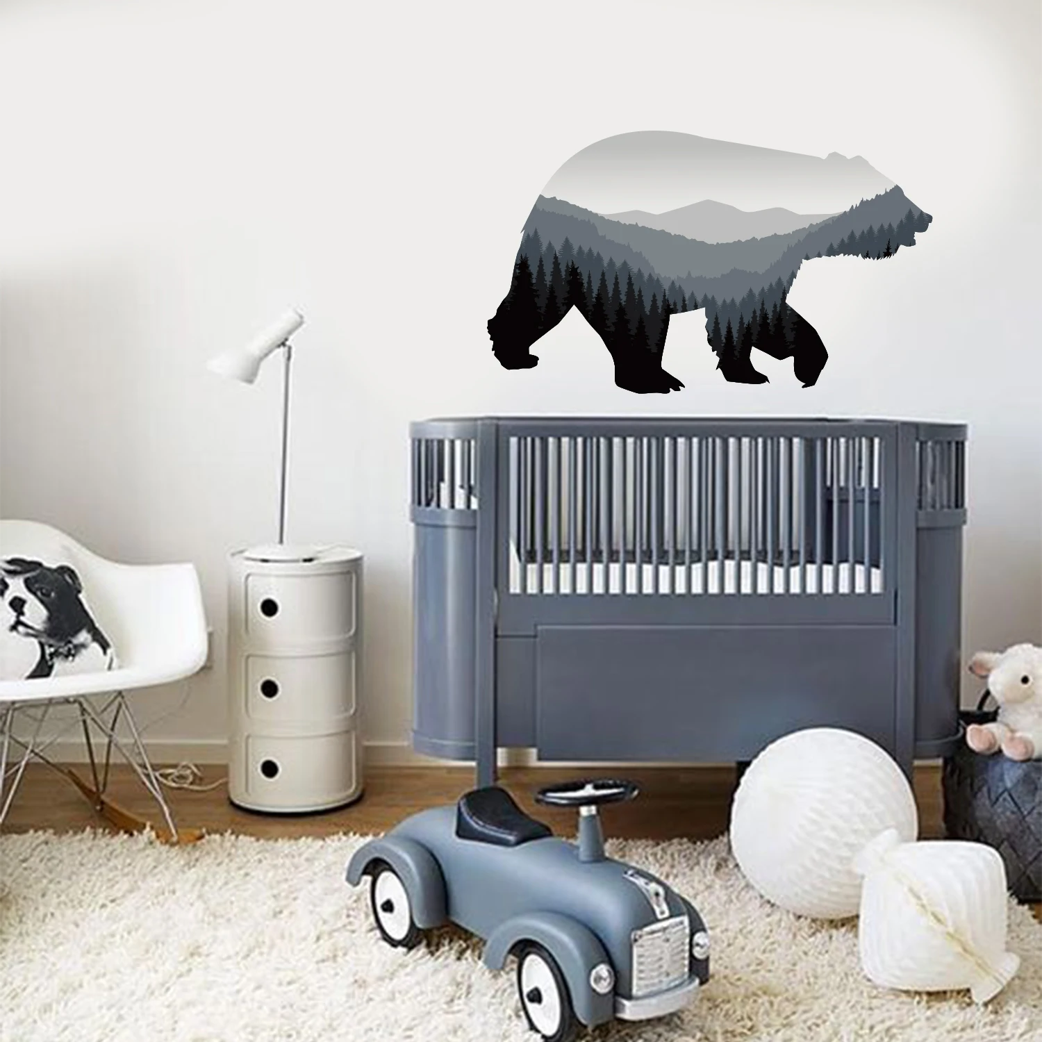 Cartoon Grey Bear Mountain Landscape Wall Stickers for Kids Room Baby Nursery Boys Room Home Decor Self-Adhesive Fabric Mural