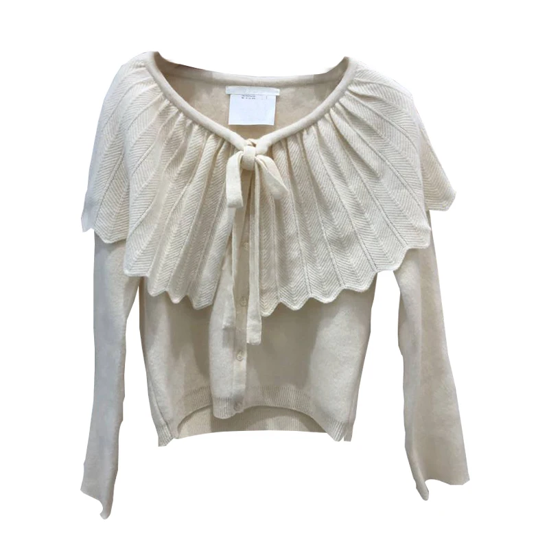 

2021 Autumn Winter New Ruffled All-match Outer Wear Lace-up Knitted Cardigan Women's Loose Sweater KK1004