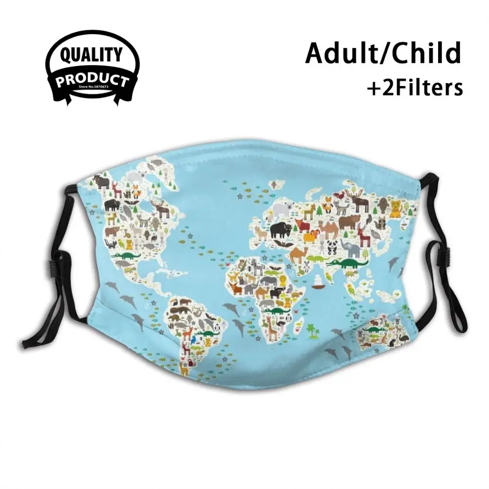

Многоразовая маска для лица с животными, Карта мира, фильтр для мужчин, женщин, детей, Лив, остров тропиков, Америки, Австралии, Евразии, детская карта