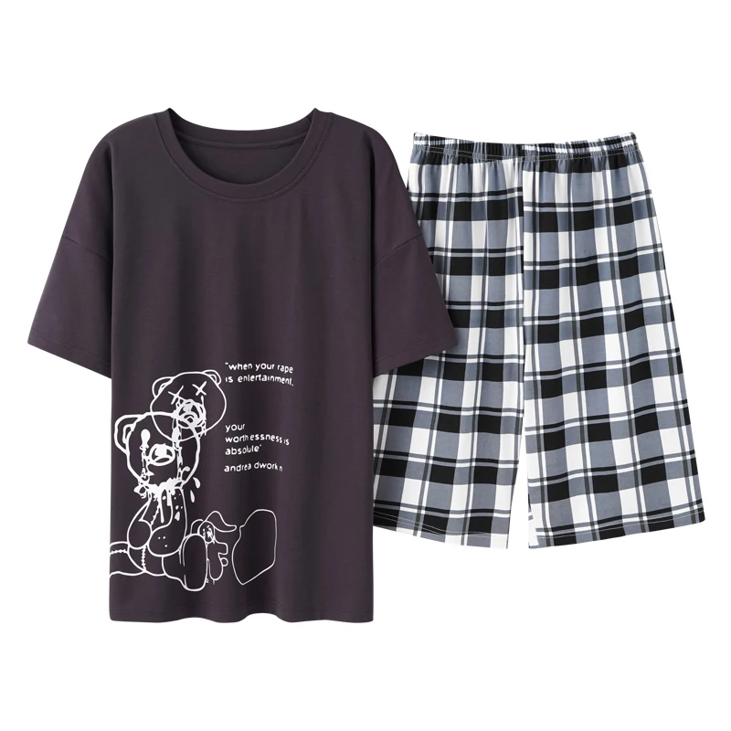 

Cotton Cartoon Summer Couple Pajamas Set O-Neck Casual Plus Size Men Nightwear Fashion Lattice Women Cute Short Sleeve Sleepwear