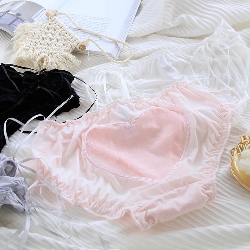

Fungus Hollow Love Ice Silk Ladies Briefs Underwear Lolita Solid Color Ribbon Mid-waist Lingerie Cute Sexy Translucent Fashion