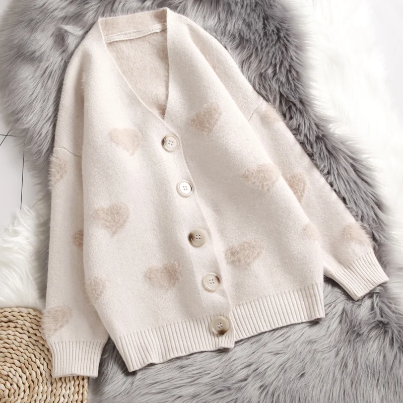 Kawaii Heart Sweater Women Autumn Winter V Neck Solid Color Button Knitted Cardigan Korean Vogue Loose Blue Warm Soft Femme Coat |