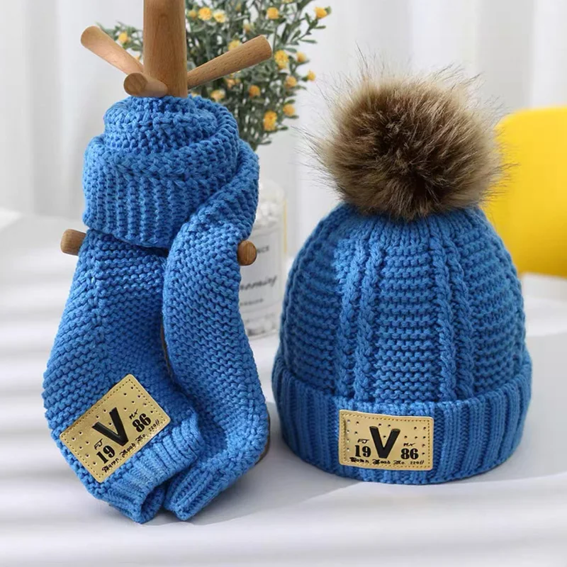 Children's hat and scarf set combination boys and girls lovely thick style autumn winter warm knitting wool hat and neck scarf