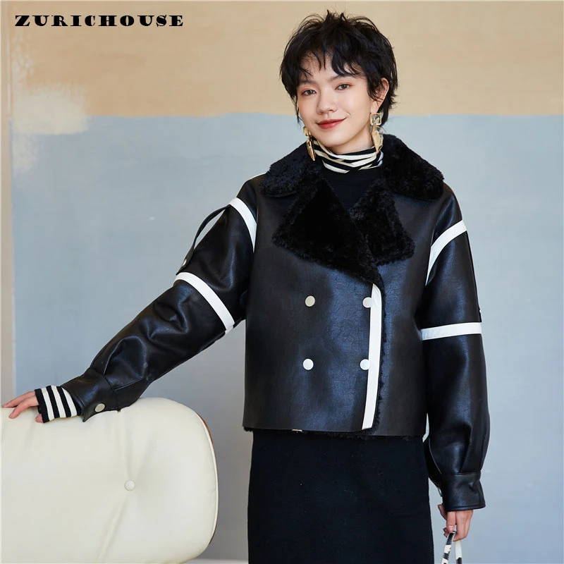 

ZURICOHUSE Brand PU Leather Jacket Winter Short Thicken Warm Plush Outwear 2021 Street Style Black Faux Fur Coat Women P3565