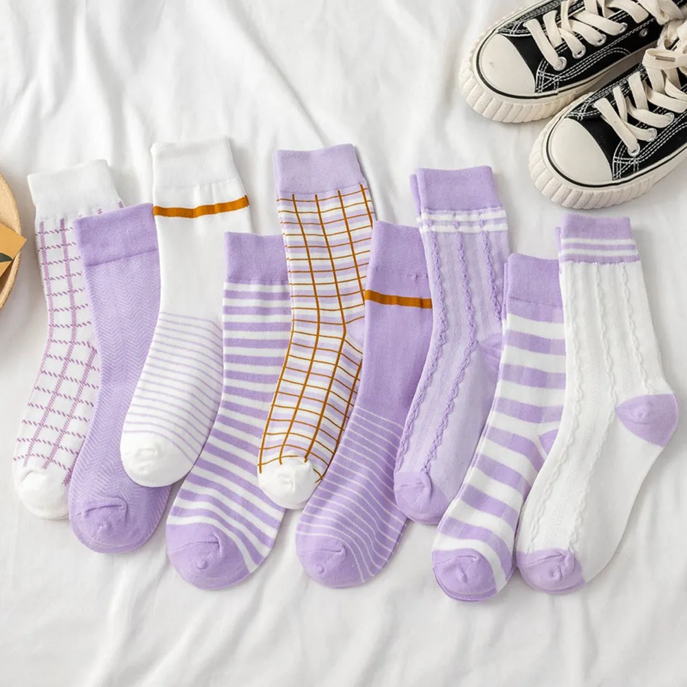

1 Pair Style Cotton Socks Women's Socks Cotton Harajuku Ladies Vintage Purple Plaid Socks Stripes Grids Tube Sock Sox